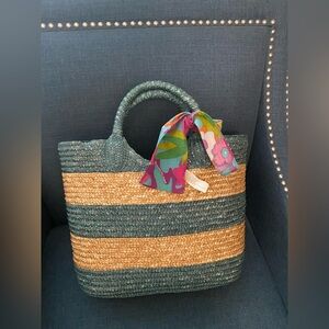 Ralph Ralph Lauren Woven Straw Striped Summer Beach Tote Bag Lightweight